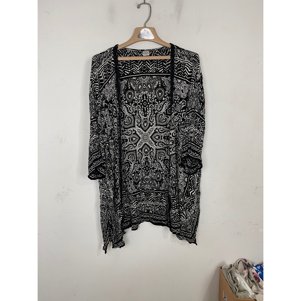 Bila Women Black White Paisley Geometric Open Front Kimono Cardigan SX697 ML